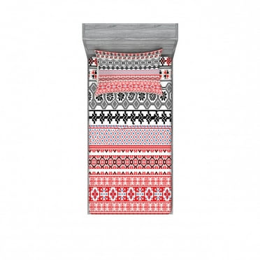 Vintage Bedding Set with Sheet & Covers, Style Pattern with Abstract Mayan Folk Image, Printed Bedroom Decor 2 Shams, 4 Sizes, Red Black, by Ambesonne