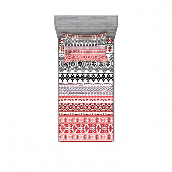 Vintage Bedding Set with Sheet & Covers, Style Pattern with Abstract Mayan Folk Image, Printed Bedroom Decor 2 Shams, 4 Sizes, Red Black, by Ambesonne