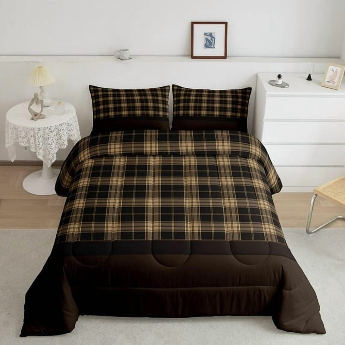 Vintage Bedding Sets,Rustic Comforter Set ,Farmhouse Plaid Check Quilt Set for Cabin Lodge,Geometric Lattice Duvet Insert with 1 Pillow Sham Warm,King,Brown