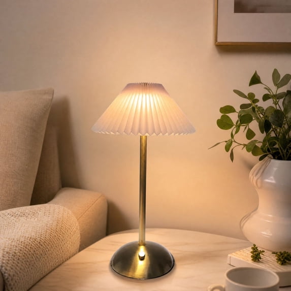 Vintage Bedside Table Lamp with Base, Boho Pleated Table Lamp, LED Rechargeable Lamp for Bedroom, Desk, Living Room, Home Decor