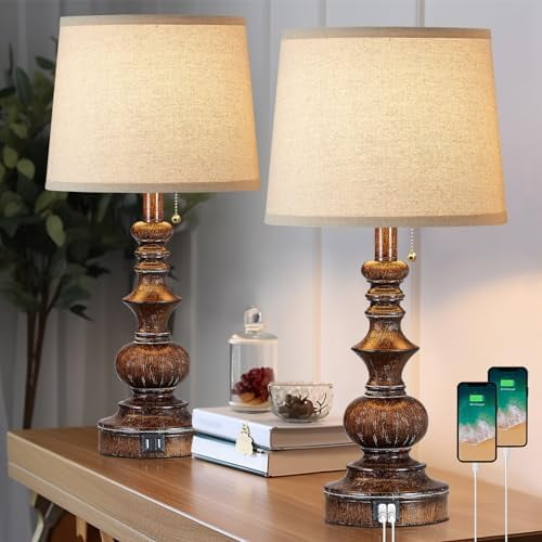 Vintage Bedside Table Lamps Set of 2 for Bedroom Nightstand Lamps with USB Charging Ports Rustic Farmhouse Small Table Lamp for Living Room End Tables Brown Wooden Finish, Pull Chain
