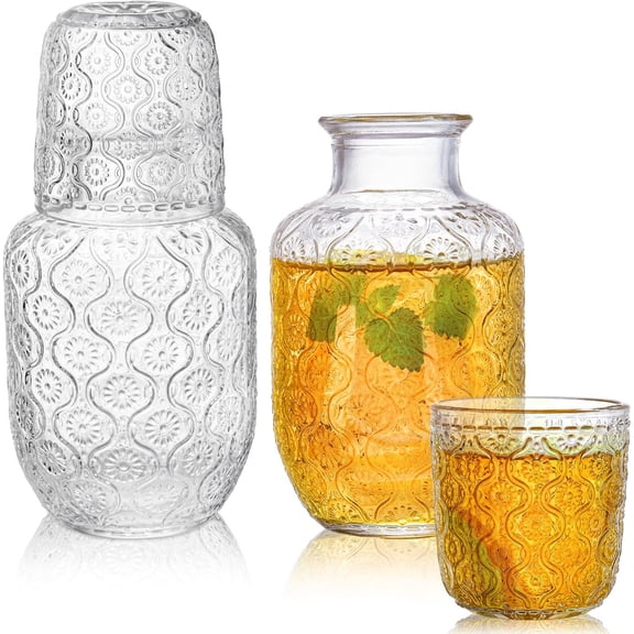 Vintage Bedside Water Carafe and Glass Set for Bedroom Nightstand, Bedside, Ticked Glass Mouthwash Decanter for Bathroom, Water Pitcher Set 18.5 oz(A)