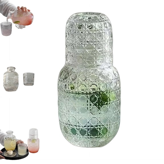 Vintage Bedside Water Carafe and Glass Set, Glass Nightstand Pitcher with Tumbler Lid, Embossed ClearGlass Night Water Carafe Decorative Pitcher & Cup for Bedroom Bathroom Home
