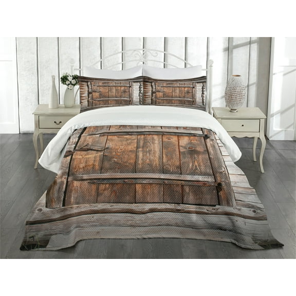 Vintage Bedspread, Rustic Wooden Door of Old Barn in Farmhouse Countryside Village Aged Rural Life Image, Decorative Quilted 3 Piece Coverlet Set with 2 Pillow Shams, Queen Size, Brown, by Ambesonne
