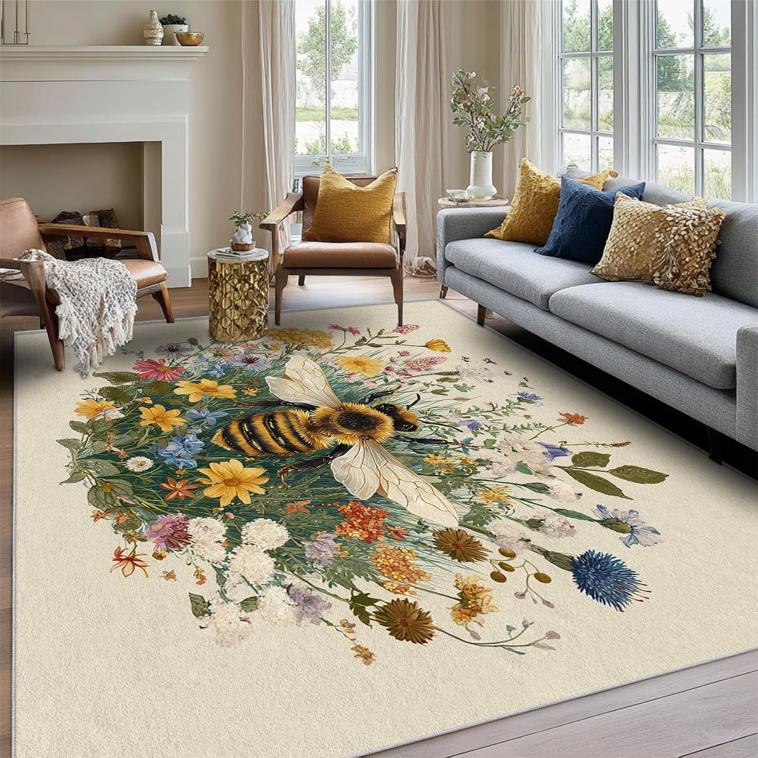 Vintage Bee Area Rugs, Wildflower Honeybee Farmhouse Carpet, Washable ...