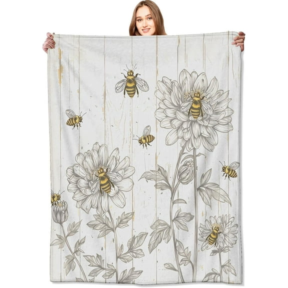 Vintage Bee Blanket Rustic Botanical Wood Throw Blankets with Honeybee & Bloom,Birthday Gifts for Women,Lightweight Soft Fleece,for Sofa Couch Bed Room Farmhouse Decor 60x80in