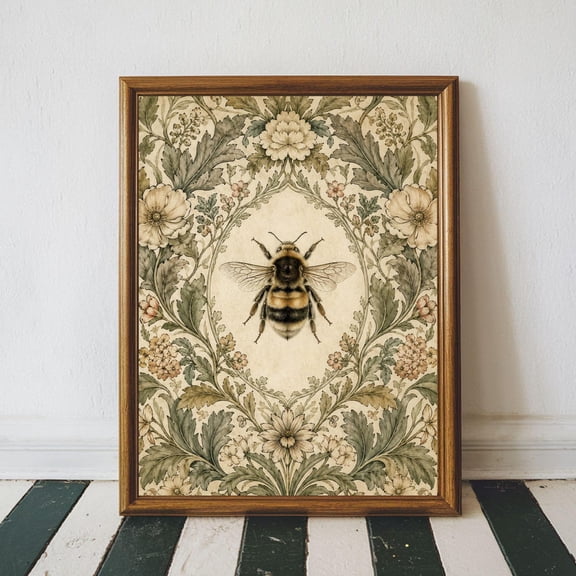 Vintage Bee Botanical Wall Art Print, Elegant Cottagecore And Rustic Garden Decor
