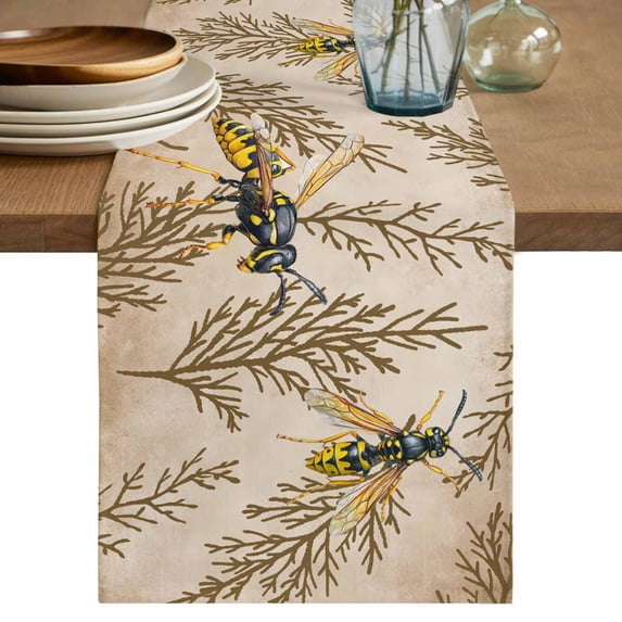 Vintage Bee Cotton Linen Table Runner for Dining Kitchen, Vintage Brown Tree Branch Wedding Outdoor Party Tablerunners Decoration, Dresser Scarf Coffee Tablecloth Runners 13x60 Inches