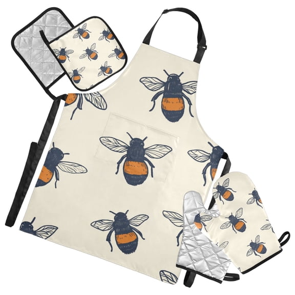 Vintage Bee Design Oven Mitts and Pot Holders with Chef Apron Set 5 Pcs Kitchen Cooking Set