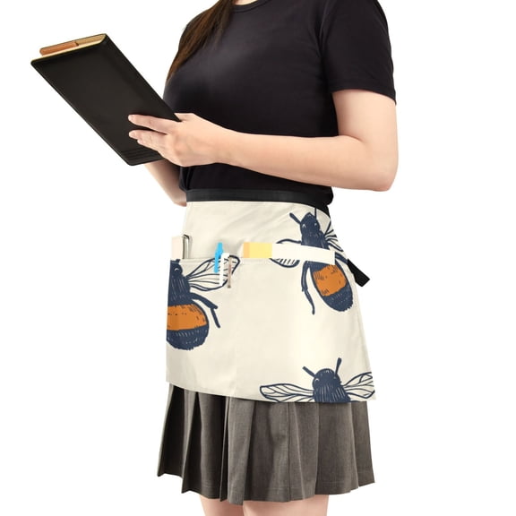 Vintage Bee Design Server Apron with 3 Pockets Waist Apron for Waiter Waitress