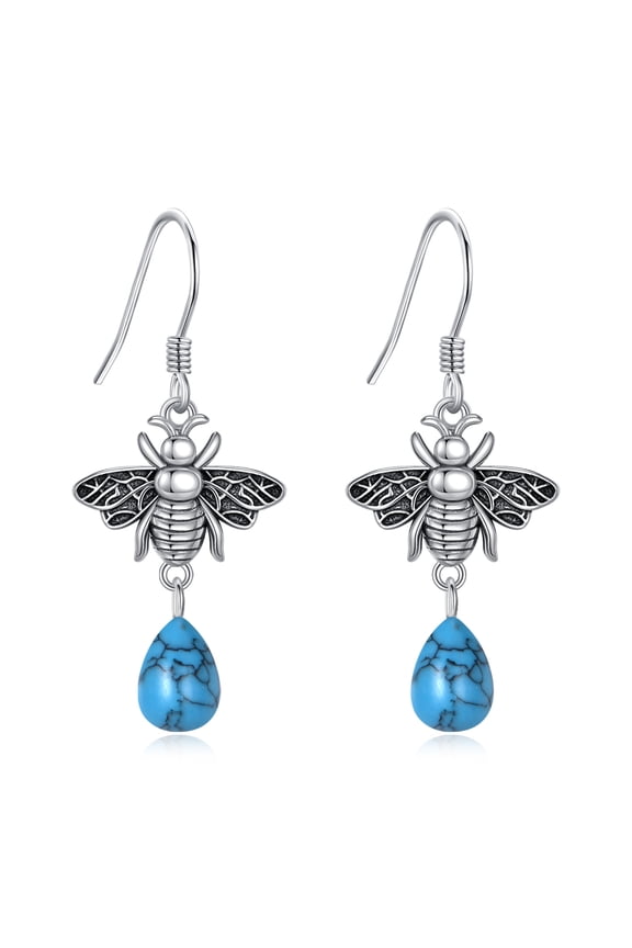 Vintage Bee Earings S925 Sterling Silver Turquoise Bumble Earrings Turquoise Dangle Drop Earrings Honeybee Jewelry Dangle Gifts for Women