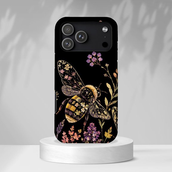 Vintage Bee Floral Botanical Wildflower Tough Phone Case, Dual-Layer Protective Cover for iPhone