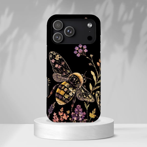 Vintage Bee Floral Botanical Wildflower Tough Phone Case, Dual-Layer Protective Cover for iPhone