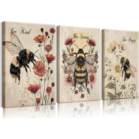 Vintage Bee Floral Canvas Wall Art Strong Happy Kind Inspirational Poster Print Wall Decor Funny Insect Painting Picture Suitable for Living Room Bedroom Home Decoration (Framed canvas)