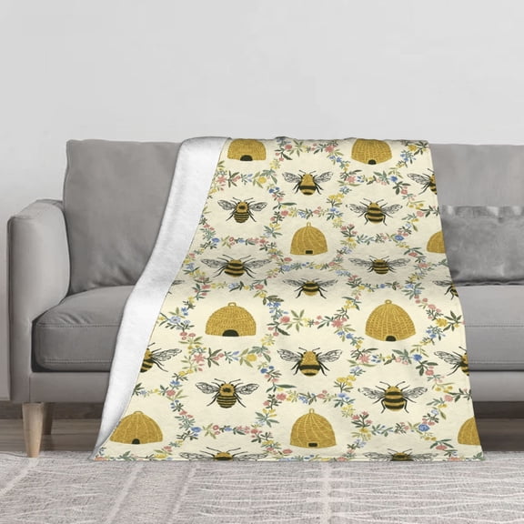 Vintage Bee Hive Wildflower Print Throw Blanket, Cream Background Cute Bumblebee Floral Pattern Soft Flannel Lightweight Cozy Decor Blanket for Sofa Couch Bed Farmhouse Home Decor