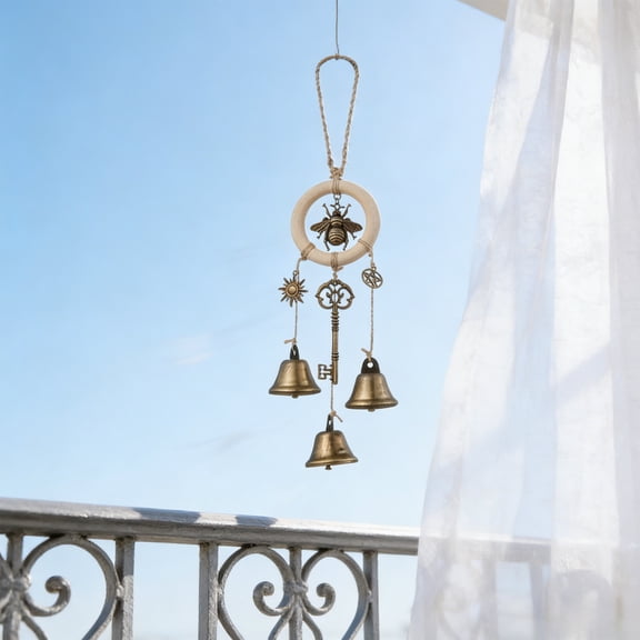Vintage Bee & Key Wind Chime with Bells, 12.99in Boho Hanging Decor for Patio, Balcony & Home