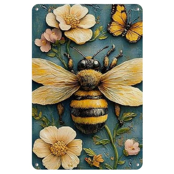 Vintage Bee Metal Tin Sign - Retro Wall Art with Golden Accents & Floral Design, 8x12 Inch, Rustic Home Decor for Living Room, Bar, or Office, Family Wall Decor