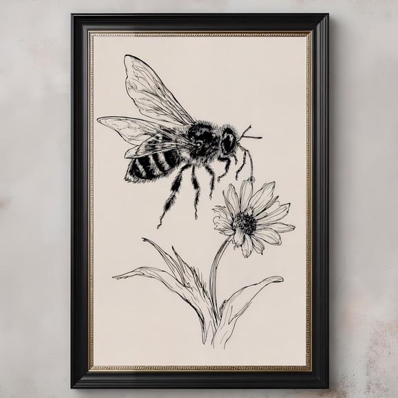 Vintage Bee Sketch Poster, Rustic Botanical Line Art , Wildflower Drawing Poster, Minimalist Nature Wall Decor, Size 16x24 UNFFRAMED F03.1.7l2841