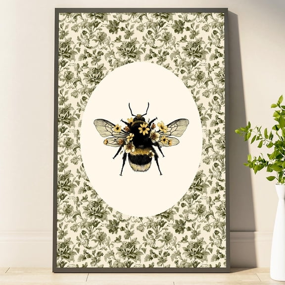 Vintage Bee Wall Art Poster Cottagecore Floral Botanical Insect Decor Bumblebee Oval Print Rustic Garden Art Poster Home Decor, Unframed Poster Size 8x12 F03.1.21l552