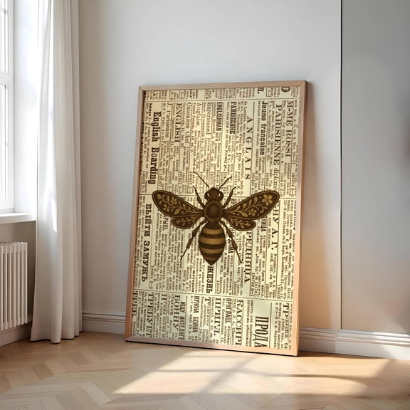 Vintage Bee Wall Art Print On Newspaper Steampunk Boho French Decor Vintage Charm Bee Lover Gift Print Trendy Art