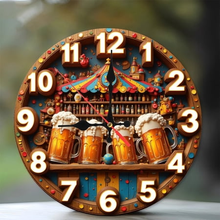 Vintage Beer Bar Clock Wall Decor 10-Inch Silent Wooden Wall Clock, Battery Operated (AA Batteries Not Included), Artistic Home Decor