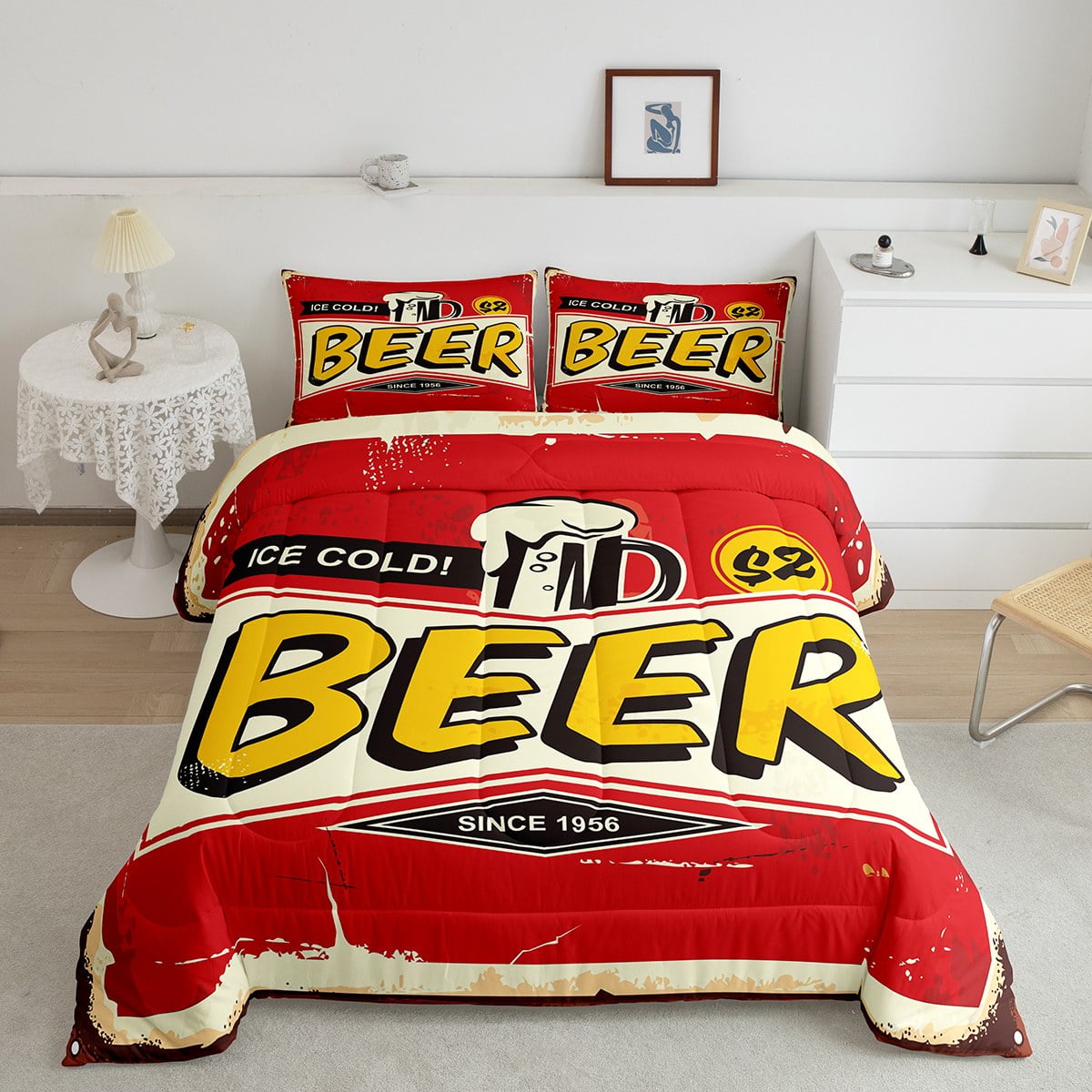 Vintage Beer Comforter Set King Size, IceCold Drink Bedding For Boys