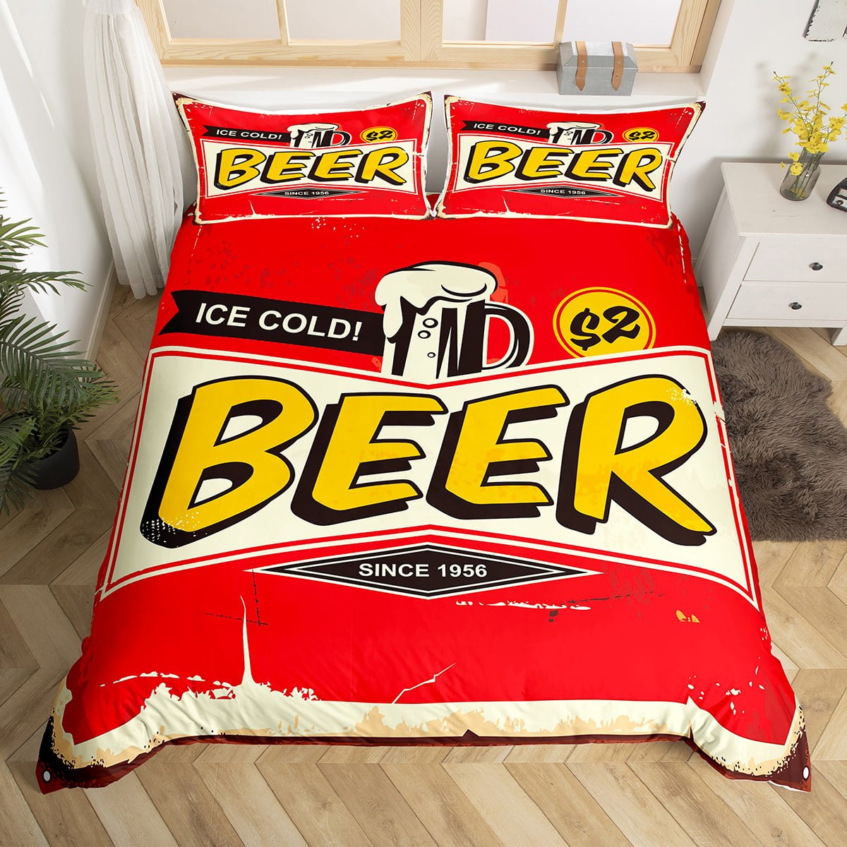 Vintage Beer Duvet Cover Twin Size, IceCold Drink Bedding Set For Boys