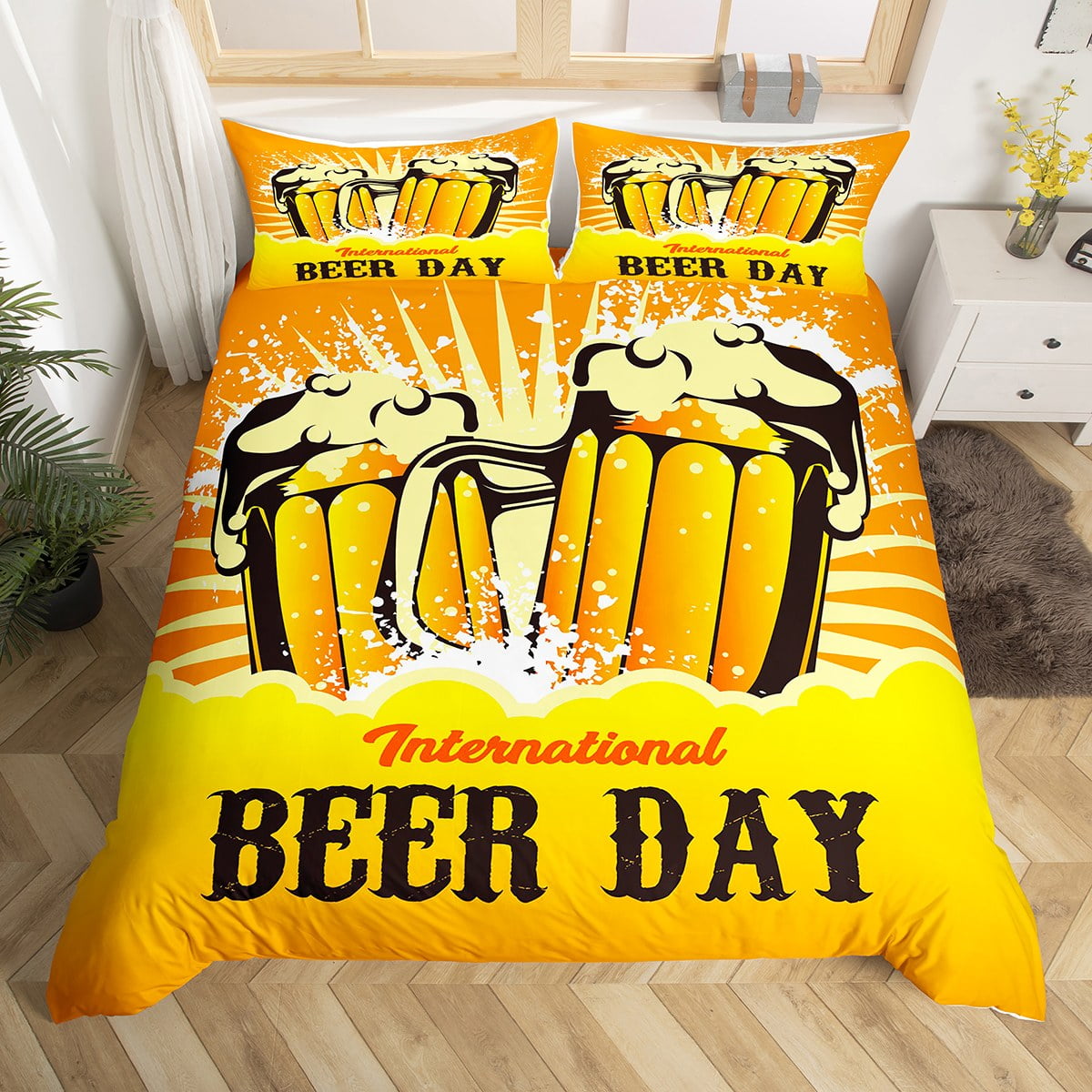Vintage Beer Duvet Cover Twin Size, International Beer Day Bedding Set