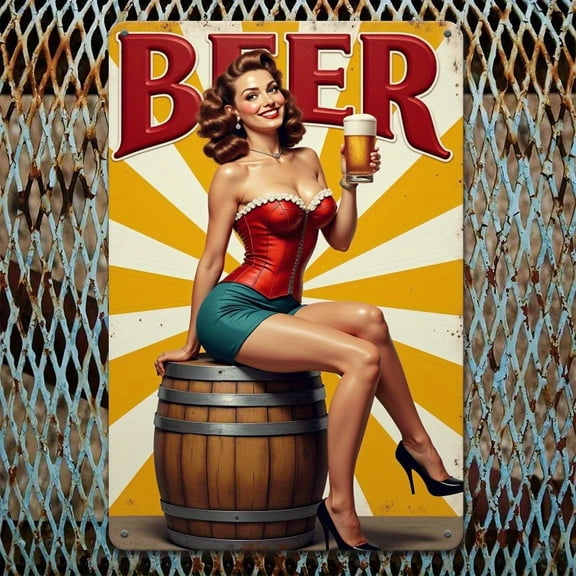 Vintage Beer Pin-Up Metal Sign - , Retro Wall Decor with Sexy Woman and Barrel Design, for Bar, Pub, or Man Cave, Great Gift Lo