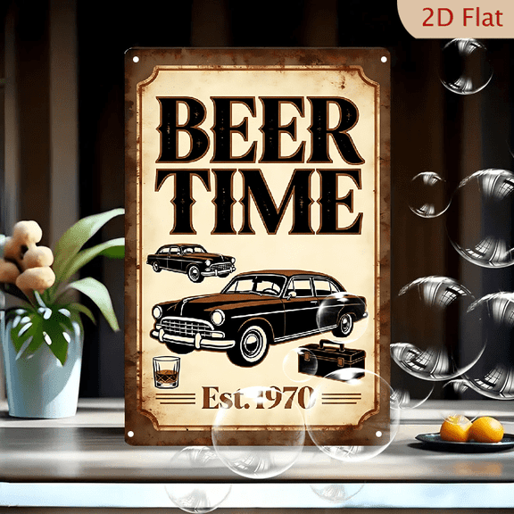 Vintage Beer Time 8x12 Inch Metal Wall Art Poster, Retro 1970s Car & Garage Decor with Amber Drink Silhouette, Distressed Cream Background for Man Cave or Bar