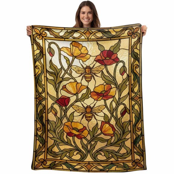 Vintage Bees Blanket Soft Cozy Warm Throw Blanket for Couch, Plush Fuzzy Flannel Fleece Blankets for Sofa, Country Retro Animal Flowers Yellow Brown Bed Blankets Lightweight Gifts for Women, 40"x50"
