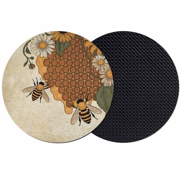 Vintage Bees Coasters Set of 2, Absorbent Coasters for Drinks, Daisy Floral Pastoral Retro Art Coaster for Desk Coffee Table Protection, Home Decor House Warming Gifts 4"