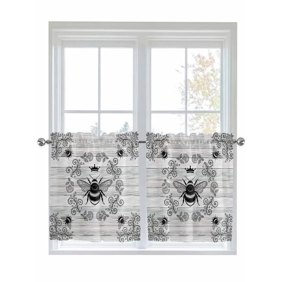 Vintage Bees Crowns 2 Panel Kitchen Curtains for Small Windows, Retro Leaves Rings Gray Wooden Bathroom Tier Curtain, Short Window Treatment for Bedroom/Living Room 55"x24"