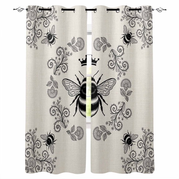 Vintage Bees Crowns Blackout Curtains 39 Inches Long, Rustic Leaves Rings Burlap Thermal Insulated Black Out Curtains, Short Darkening Window Curtain Drapes for Cafe Bedroom 27.5"x39" 2 Panels