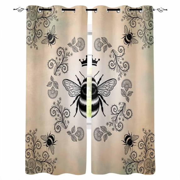 Vintage Bees Crowns Blackout Curtains 96 Inch Length 2 Panels Set, Rustic Leaves Rings Brown Gradient Full Shading Curtains for Windows, Blackout Curtains for Bedroom Living Room 52"x96"