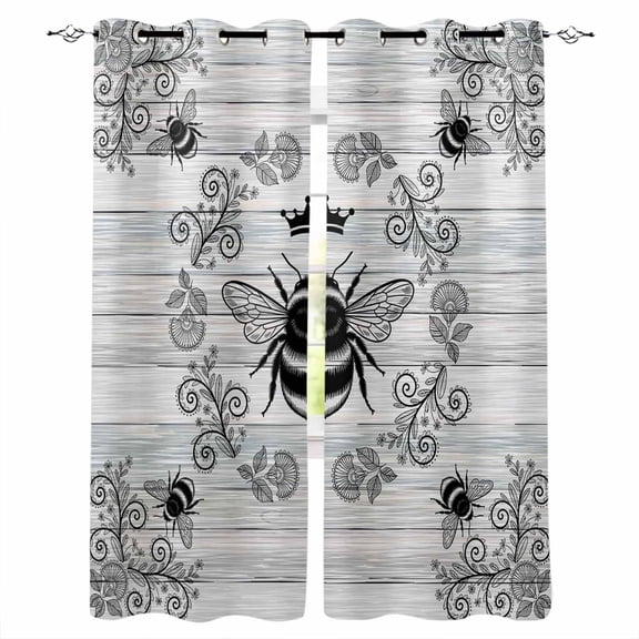 Vintage Bees Crowns Blackout Curtains for Bedroom, Retro Leaves Rings Gray Wooden Thermal Insulated Kitchen Drapes with Grommets, Light Blocking Window Treatment, 2 Panels 27.5" x 39"