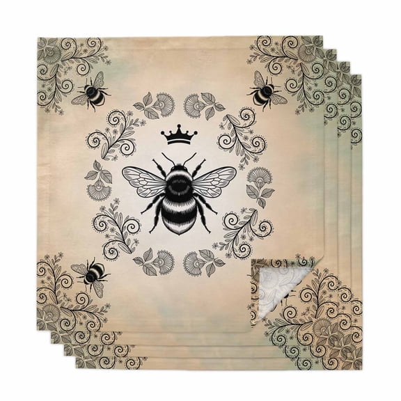 Vintage Bees Crowns Cloth Napkins, Rustic Leaves Rings Brown Gradient Washable and Reusable Dinner Napkins Set of 4, Table Napkin for Kitchen Party Birthday Wedding Hotel Housewarming 20"x20"