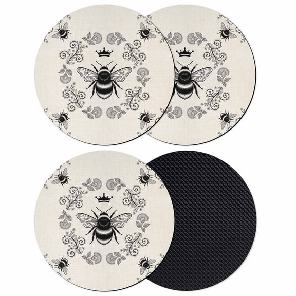 Vintage Bees Crowns Coasters Set of 4, Absorbent Coasters for Drinks, Rustic Leaves Rings Burlap Coaster for Desk Coffee Table Protection, Home Decor House Warming Gifts 4"