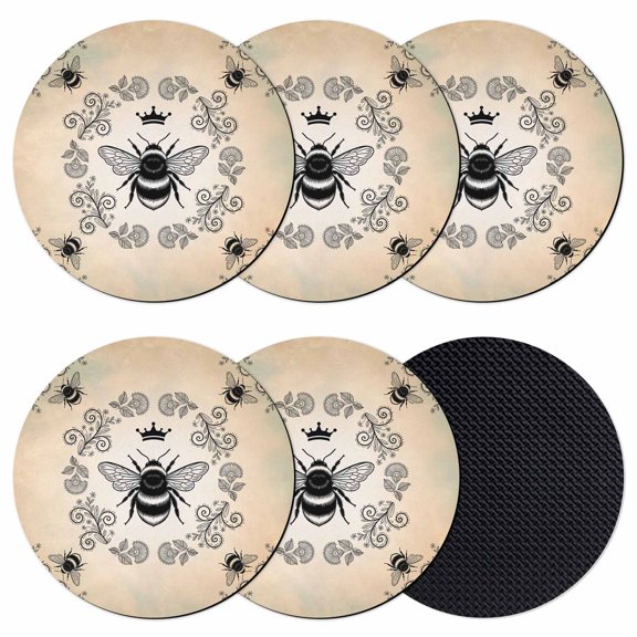 Vintage Bees Crowns Coasters Set of 6, Absorbent Coasters for Drinks, Rustic Leaves Rings Brown Gradient Coaster for Desk Coffee Table Protection, Home Decor House Warming Gifts 4"