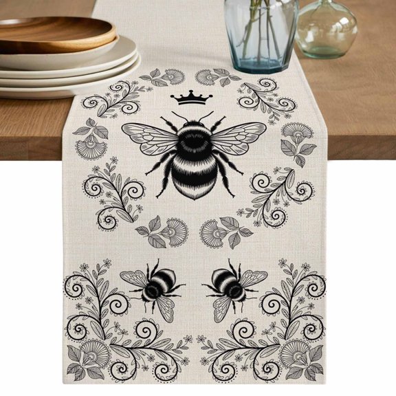 Vintage Bees Crowns Cotton Linen Table Runner for Dining Kitchen, Rustic Leaves Rings Burlap Wedding Outdoor Party Tablerunners Decoration, Dresser Scarf Coffee Tablecloth Runners 13x36 Inches