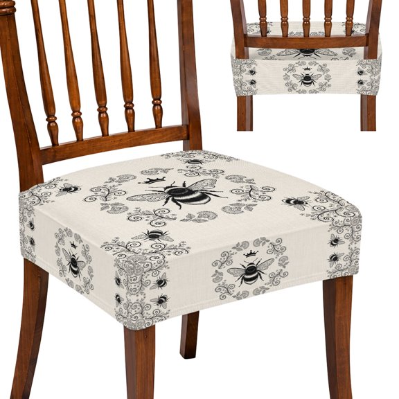 Vintage Bees Crowns Dining Chair Seat Covers, Rustic Leaves Rings Burlap Stretch Dining Chair Cushion Covers, No Rear Slipcovers with Elastic Edging, Washable Square Seat Protectors 2 Pack