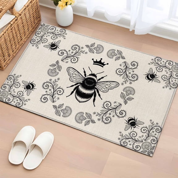 Vintage Bees Crowns Entryway Rug 2'x3' Non Slip Front Door Mats, Rustic Leaves Rings Burlap Entrance Rugs Indoor Outdoor Carpet, Washable Floor Mats Small Area Rug for Bedroom Kitchen