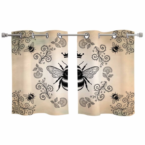 Vintage Bees Crowns Kitchen Curtains Window Panels, Rustic Leaves Rings Brown Gradient Insulated Window Treatment Curtain, Grommet Curtains for Bedroom/Living Room/Bathroom, 2 Piece 27.5"Wx39"L