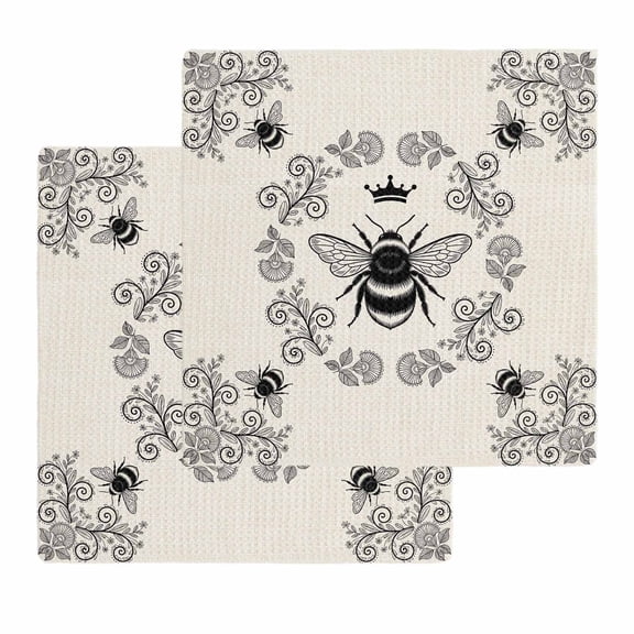 Vintage Bees Crowns Kitchen Dish Towels for Drying Dishes Set of 2, Rustic Leaves Rings Burlap Waffle Weave Microfiber Hand Tea Bathroom Towels Quick Dry & Absorbent Towel 12x12
