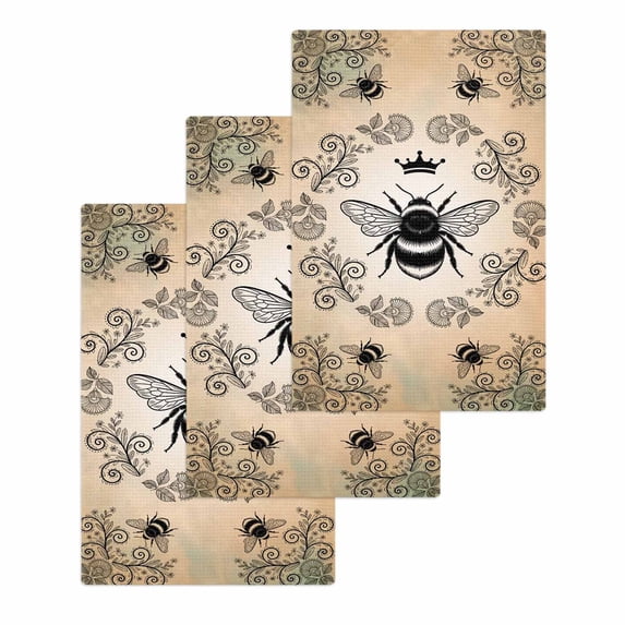 Vintage Bees Crowns Kitchen Dish Towels for Drying Dishes Set of 3, Rustic Leaves Rings Brown Gradient Waffle Weave Microfiber Hand Tea Bathroom Towels Quick Dry & Absorbent Towel 15.7x23.6