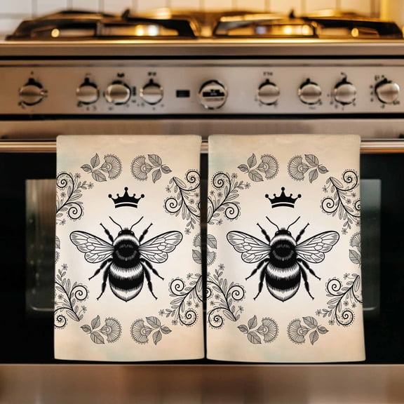 Vintage Bees Crowns Kitchen Towels Set of 1, Rustic Leaves Rings Brown Gradient Absorbent Dish Towels for Kitchen, Microfiber Hand Towel, Quick Drying Tea Towel for Cleaning Decorative Dishcloths