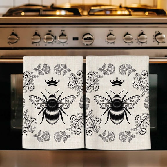 Vintage Bees Crowns Kitchen Towels Set of 1, Rustic Leaves Rings Burlap Absorbent Dish Towels for Kitchen, Microfiber Hand Towel, Quick Drying Tea Towel for Cleaning Decorative Dishcloths