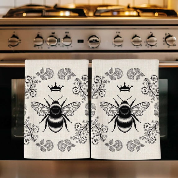 Vintage Bees Crowns Kitchen Towels Set of 3, Rustic Leaves Rings Burlap Absorbent Dish Towels for Kitchen, Microfiber Hand Towel, Quick Drying Tea Towel for Cleaning Decorative Dishcloths