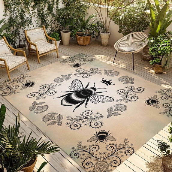 Vintage Bees Crowns Outdoor Rug 5x8 Ft - Reversible Patio Rug Outdoor Camping Rugs, Rustic Leaves Rings Brown Gradient Washable Indoor Outdoor Area Rugs, Non-Slip Outdoor Carpet Runner for Deck/Porch