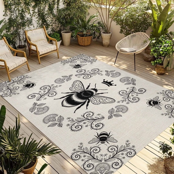 Vintage Bees Crowns Outdoor Rug 6x9 Ft - Reversible Patio Rug Outdoor Camping Rugs, Rustic Leaves Rings Burlap Washable Indoor Outdoor Area Rugs, Non-Slip Outdoor Carpet Runner for Deck/Porch